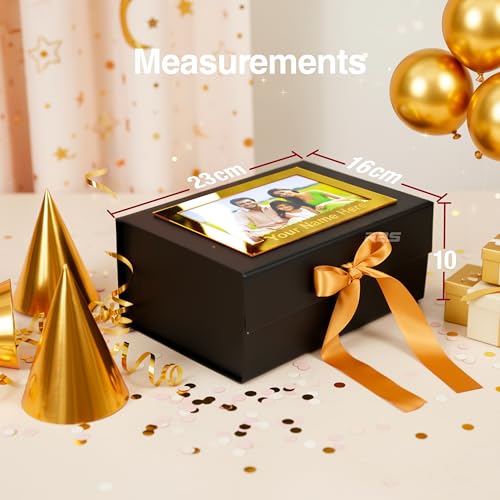 Image of RBS-Customized Name Print Gold Acrylic Gift Box with Photo Frame (23x16x10cm) Gift Box for Packing Custom Keepsake Gift Boxes for Birthday, Wedding, Anniversary Holds Upto 5 kg Hamper Packaging Box