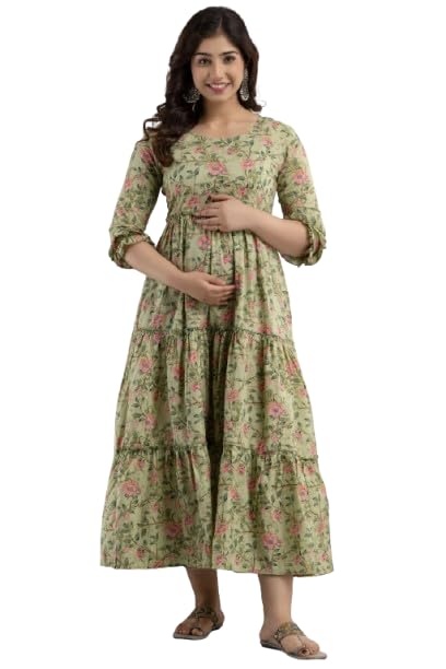 Women Floral Printed Maternity Dress | Green Pink Flower Print Cotton Blend Long Gown | 3/4 Sleeve Tiered Pregnancy Maxi Dress | Baby Shower, Casual-picture-46