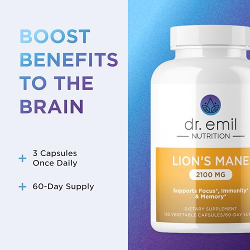 Image of Dr. Emil Organic Lion's Mane Mushroom, High-Potency Nootropic, 180 Capsules | High-Potency Nootropic with Organic Lion's Mane and BioPerine to Support Focus, Mental Clarity, and Cognition