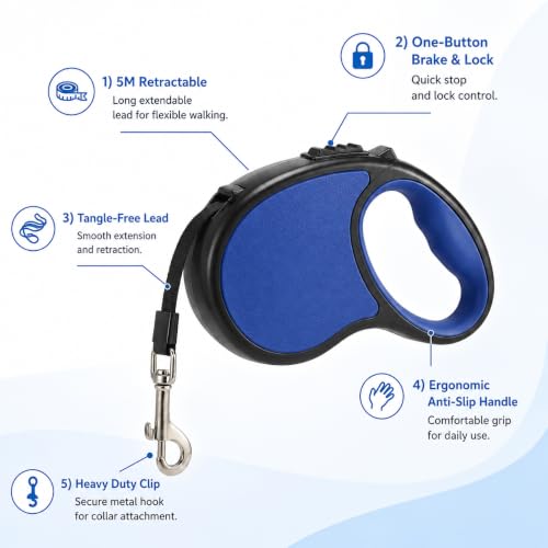 Image of Cawypety Retractable Dog Leash, 16ft /5M Heavy Duty Extendable Dog Walking Lead | One-Hand Brake & Lock, 360 Tangle-Free | Durable Pet Leash with Ergonomic Anti-Slip Handle for All Small,Large Breeds
