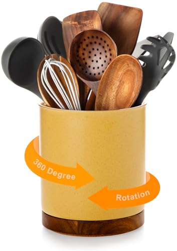 Nucookery 360°Rotating Utensil Holder, 7.2" Large Utensil Crock, White Ceramic Cooking Utensil Organizer,Farmhouse Kitchen Decor Christmas Thanksgiving Gift (Yellow Sand)