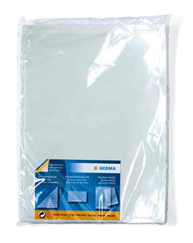 HERMA 1427 Selbstklebetaschen transparent A4, 10 Stück, schmale Seite offen, Sichthüllen zum Aufkleben, Klarsichthüllen Einstecktaschen aus Folie für Ordner, Ringbuch, Sammelmappe
