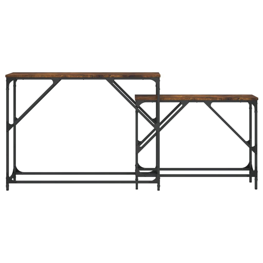 Stoły konsolowe, zestaw 2 sztuk, drewno wędzone, rama metalowa, 100 x 28 x 75 cm, stoliki pomocnicze do salonu, korytarza, biura, wszechstronne zastosowanie