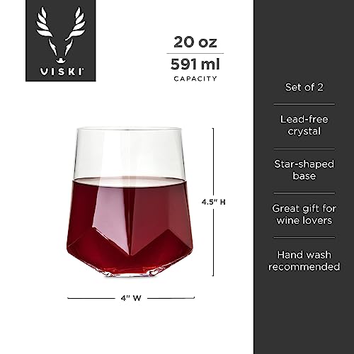 Viski Raye Faceted Crystal Wine Glasses Set Of 2, No-Lead Premium Crystal Clear Glass, Modern Stemless, Wine Glass Gift Set, 20 Oz #TOP5