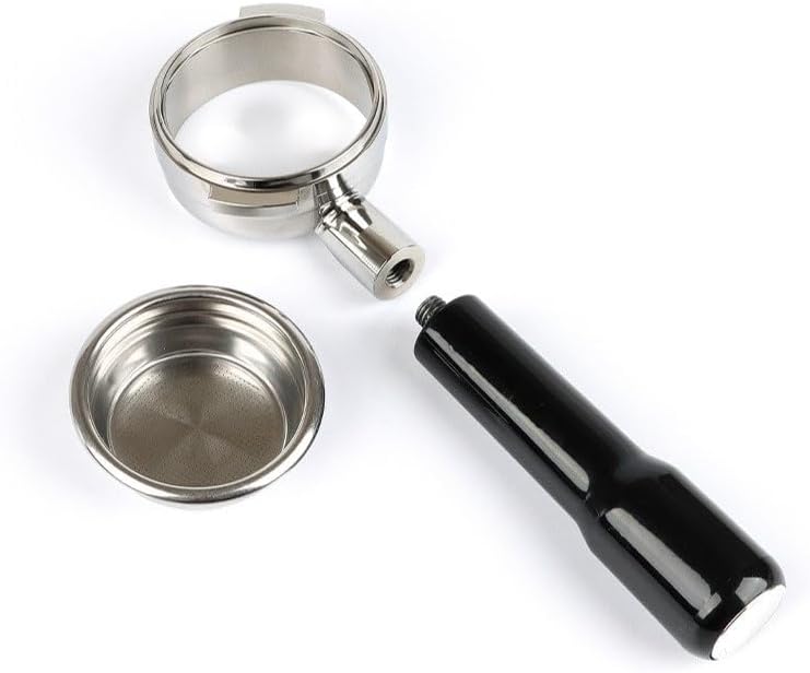 Disassembled CAPFEI 58mm Bottomless Portafilter showing the handle, portafilter head, and filter basket