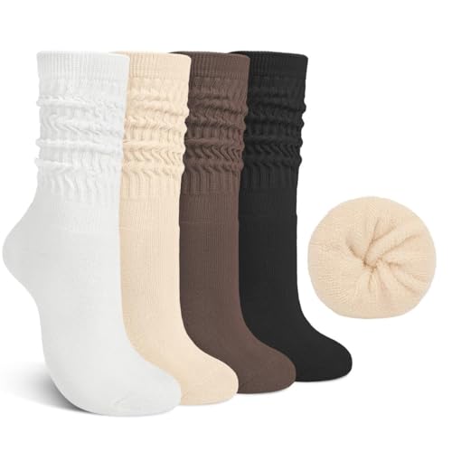 Tialfas 4 Pairs Winter Warm Slouch Socks for Women, Cotton Calf Slouchy Thick Thermal Crew Knit Sock for Ladies Womens Gifts