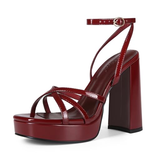 Image of Platform Heels for Women Strappy Chunky Heels Thick High Heel | Lace Up High Heel Sandals Square Open-Toe Tall Wide Block Sandal Wedding Party Evening Prom Dance Dress Shoes