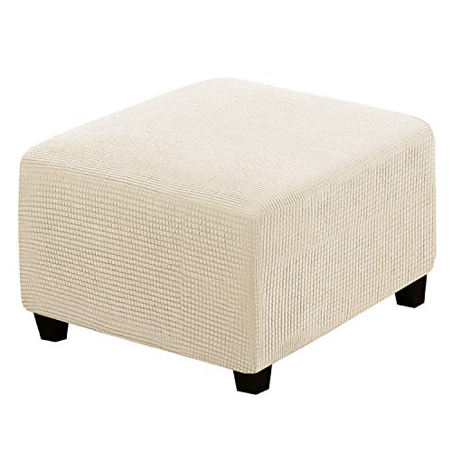 Image of H.VERSAILTEX Square Ottoman Covers Ottoman Slipcovers Folding Storage Stool Furniture Protector Form Fit with Elastic Bottom, Stretch High Spandex Small Checks Jacquard Fabric(Large,Natural)