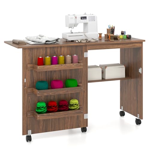 COSTWAY Armoire pour Machine à Coudre Pliante, Table de Couture avec 3 Etagères pour Bobines et roulettes verrouillables en Bois (Brun)