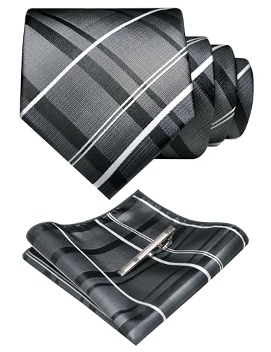 Image of RBOCOTT Silk Stripe Plaid Tie and Pocket Square with Tie Clip Sets for Men