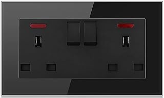 Standard Black UK Single/Double Plug in Power Wall Electrical Switched/USB Socket Charger Ports Crystal Tempered Glass Panel (Double Switched)