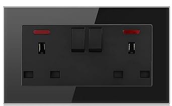 Standard Black UK Single/Double Plug in Power Wall Electrical Switched/USB Socket Charger Ports Crystal Tempered Glass Panel Double Switched
