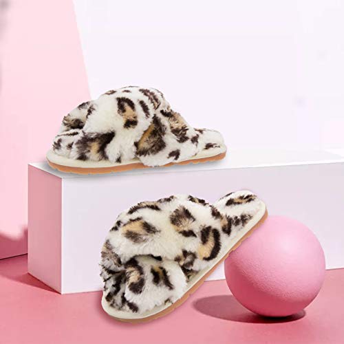 Girl's Fluffy Slippers Kids' Fuzzy Slippers Slide Sandals Leopard Tie Dye Cross Band Plush Open Toe Slip On House Bedroom Slippers (10-11 Little Kids, White Leopard, Numeric_10) #TOP3