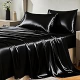 CozyLux Satin Sheets Queen Size Bed Set - 4 Piece Silky Queen Sheet Set, Luxury Black Queen Sheets with Smooth and Soft Microfiber, Includes 1 Fitted Sheet, 1 Flat Sheet and 2 Pillowcases