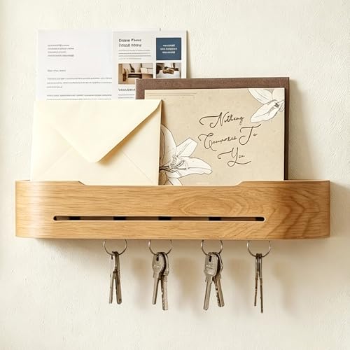 XENARAN Key Holder Wall Mount with 5 Hidden Hooks Minimalis Key Hanger Rack Wood Modern Hollow Key Hook Mail Organizer Tray Shelf Home Decor for Entryway Furniture