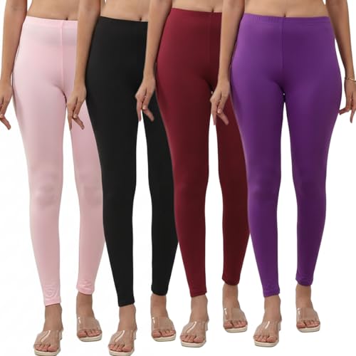Image of Volex Women and Girls Full Length Leggings | Cotton Spandex /Elastane 4 Way Stretchable | Casual Slim fit Ultra Soft Leggings-Pack of 4