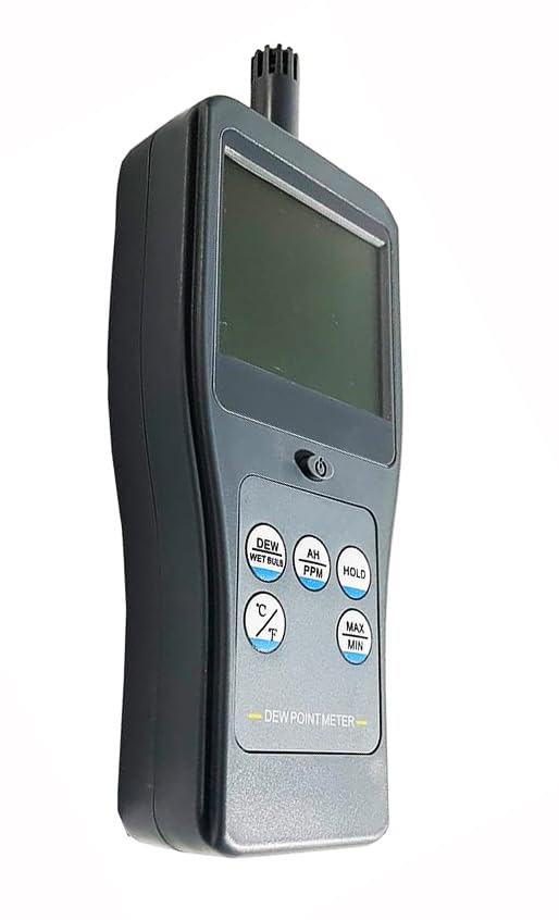 Digital Dew Point Meter with Resolution 0.01 LCD Display °C/°F Unit Ambient Temperature, Relative Humidity, Dew Point Temperature, Wet Bulb Temperature, Absolute Humidity, PPM Measurement