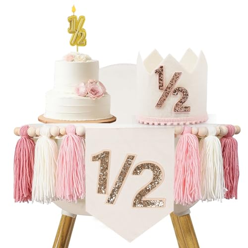 1/2 Birthday girl Pink High Chair Banner with Handmade Hat and Candle Half Way to One Baby Half Birthday Docoration