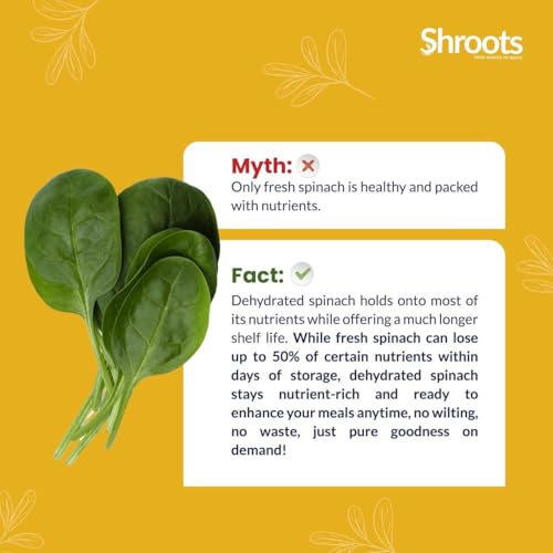 Image of SHROOTS Dehydrated Spinach (Palak) Leaves Flakes | 100% Natural & Pure Vegetarian | Machine-Dried for Maximum Freshness | Nutrient-Rich & Flavorful | Ideal for Cooking, Soups, Curries & Seasoning | (2, 30 Gram, Pack Of 2)