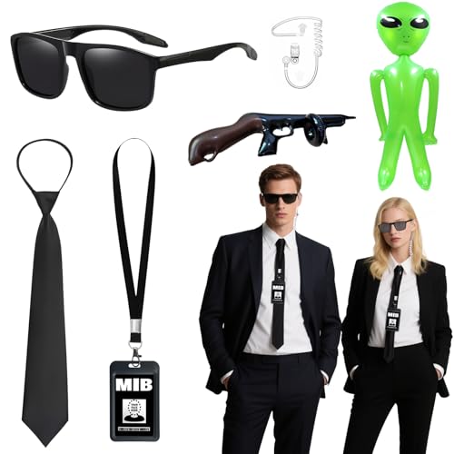 Kyndara 6Pcs Agent Costume Accessory Set Secret Security Guard Outfit Kit with Sunglasses Headphones Ties ID Card Inflatable Props Green Aliens for Women Men Halloween MIB Cosplay Theme Party