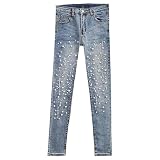 Jeans con Perlas para Mujer, Jeans Ajustados con Perlas Adelgazantes, Pantalones Vaqueros de Cintura Alta Elásticos de Moda para Mujer, Azul Claro Medio