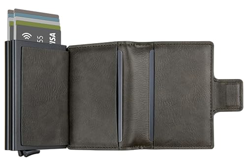 Handmade RFID Wallet for Men Leather Pop-Up Wallet Aluminum Tri-fold Wallet Durable Quality Luxury Mother and Father's Day Gifts (Dark Olive)