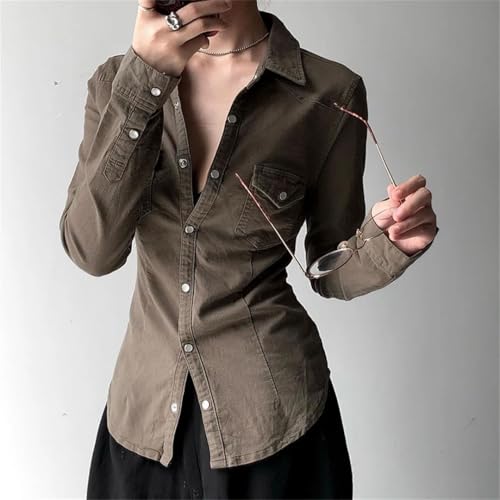 Women Streetwear Cargo Style Blouses Tops Long Sleeve Denim Shirt Pockets Solid Coat4