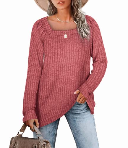 Aokosor Damen Strickpullover Pullover Langarmshirts Sweatshirts Oberteile Lose Herbst und Winter Quadratischer Hals Rosa S Cover