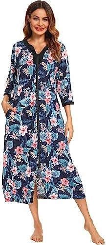 Bloggerlove Womens Robes Lightweight for Hospital Delivery House Coat Maxi House Dress Zip Up Bathrobe Leightweight Nightgown Long Sleepwear House Dress Caftan