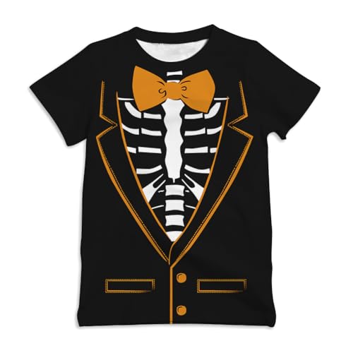 Redolox Skeleton Shirt for Boys Kids, Funny Halloween Shirts for Big Boy Youth,Skeleton Outfits Short Sleeve Tshirts Tie Print Graphic Tees Size 10-12 Age 11 12 Year Old,Large