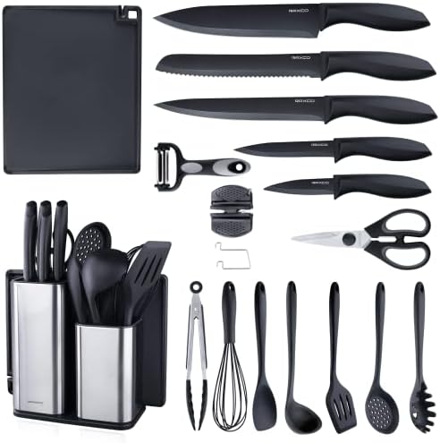 18 Pieces Black Kitchen Utensils Set Cooking Utensils Set Stainless Steel Knife Set with Block, 7 Piece Silicone Cooking Utensils Set with Scissors Vegetable Peeler Knife Sharpeners Cutting Board
