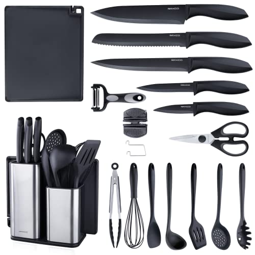 18 Pieces Black Kitchen Utensils Set Cooking Utensils Set Stainless Steel Knife Set With Block, 7 Piece Silicone Cooking Utensils Set With Scissors Vegetable Peeler Knife Sharpeners Cutting Board #TOP5