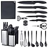 18 Pieces Black Kitchen Utensils Set Cooking Utensils Set Stainless Steel Knife Set with Block, 7 Piece Silicone Cooking…