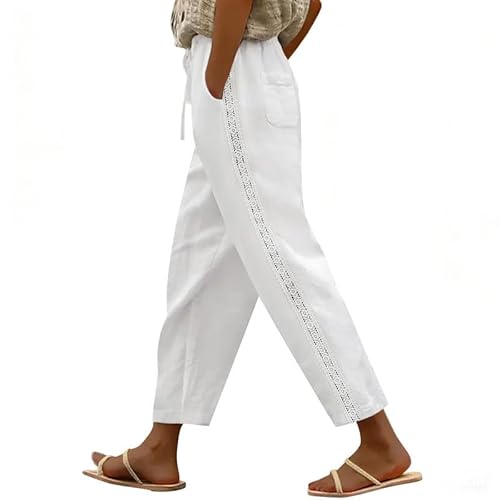 Image of Litthing Linen Trousers Womens Cotton Linen High Waisted Straight Leg Trousers with Pockets Elasticated Waist Summer Casual Trousers Drawstring Ladies Pant Lightweight Breathable Holiday Beach Pants