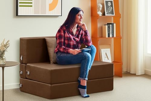 Image of Easy Foldable One Person Sofa Cum Bed Jute Fabric- Washable Cover- Including One Cushion- Size 3' X 6' Ft (Brown Color) Perfect for Home & Office for Guests