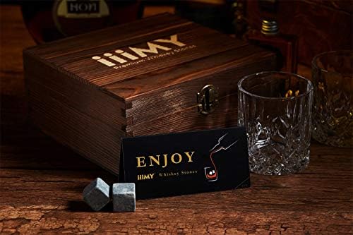 iiiMY Whisky Stones and Glasses Gift Set, Whisky Rocks Chilling Stones in Handmade Wooden Box Cool Drinks Without Dilution  Whisky Glasses Set of 2, Gift for Dad, Husband, Men