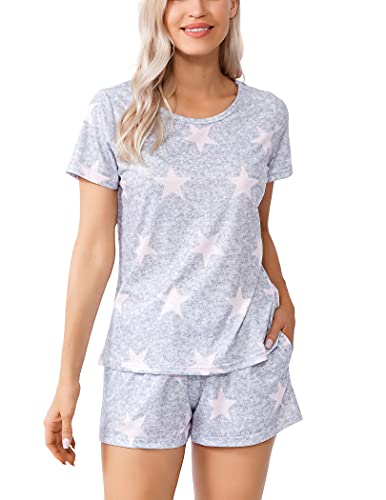Women Nightwear Short Sleeve Shirt and Shorts Pajama Set O Neck Sleepwear Light Grey-Pink Star L