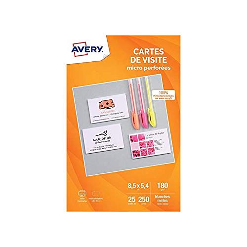 Avery - Lote de 5 paquetes de 250 tarjetas de visita, bordes microperforados, 85 x 54 mm, inyección de tinta, color blanco