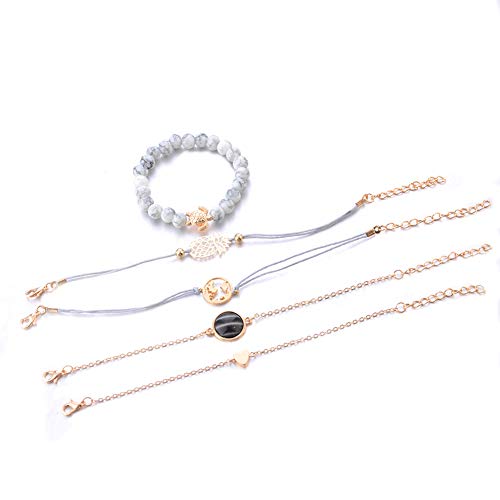 Vonru Beaded Bracelets For Women - Adjustable Charm Pendent Stack Bracelets For Women Girl Friendship Gift Rose Quartz Bracelet Links With Pearl Gold Plated 5Pcs/Set (Stone & Turtle Bracelet) #TOP4