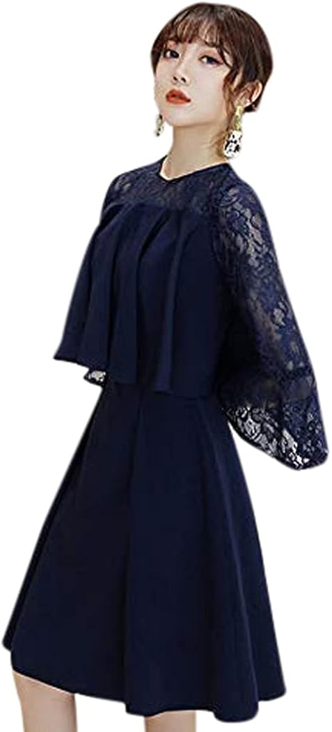 パーティードレス 結婚式 ワンピース オーガンジー 長袖 フレア Navy Sサイズ Mariedepoulain Fr