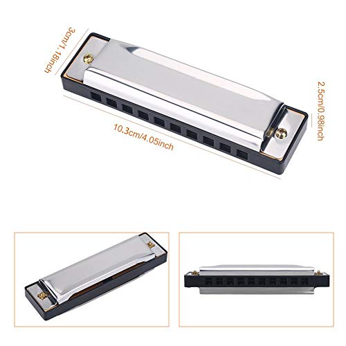 Harmonica, 10 Hole Metal Harmonica, Blue Rock Jazz Folk Harmonicas, Suitable For Beginner, Adults, Children's Gift (Silver) #TOP3