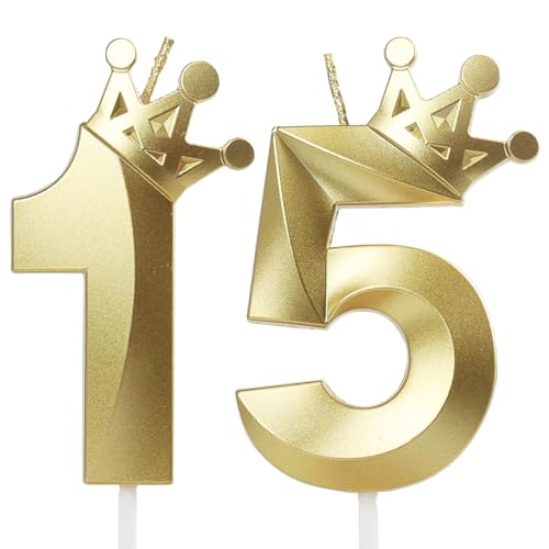 Crown Birthday Candle 15 Gold, 15 Candles for Birthday Cakes,Number 15 Crown Candle,15th Birthday Candles Sparkle Decoration for Birthday Anniversary Party Wedding Celebration Party Supplies
