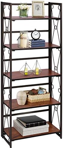 VECELO 5 Tier Folding Bookshelf, No Assembly Book Shelf Bookcase, Industrial Metal Free-Standing Shelves Organizer Home Decor for Living Room, Bedroom, Study, Kitchen, Walnut