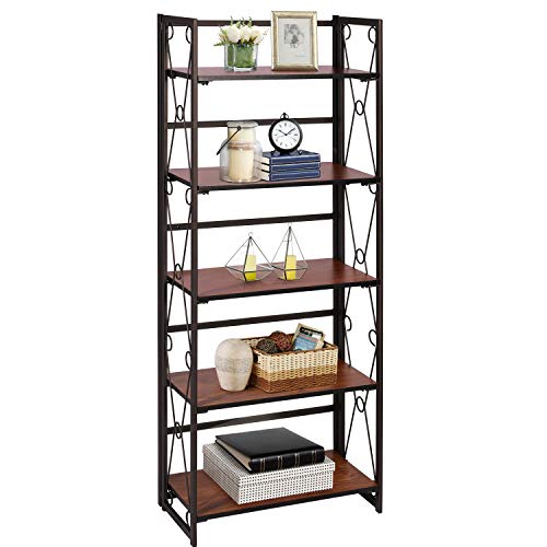 Vecelo 5 Tier Folding Bookshelf, No Assembly Book Shelf Bookcase, Industrial Metal Free-Standing Shelves Organizer Home Decor For Living Room, Bedroom, Study, Kitchen, Walnut #TOP7