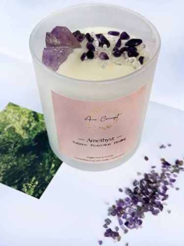 Healing Crystal Candle, Scented Candle Infused Amethyst And Clear Quartz Crystals, English Pear&Freesia Scented,Positivity Energy Wellness, Gift For Women Aromatherapy Clean Vegan 10Oz Jar Candle #TOP4