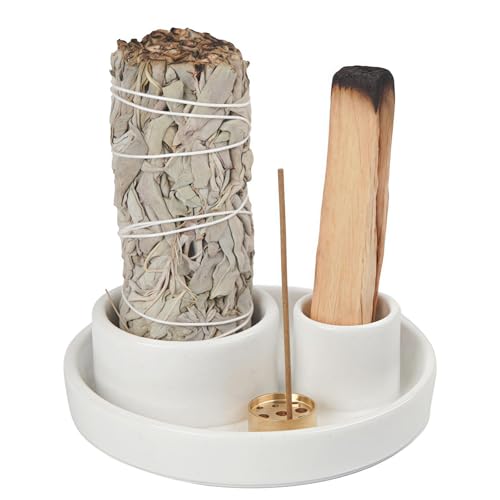 4 in 1 Incense Holder, Ceramic Incense Stick and Palo Santo Holder,Sage Holder for Burning- 4.25" Ceramic Ash Catcher Tray for Meditation and Yoga Room (White)