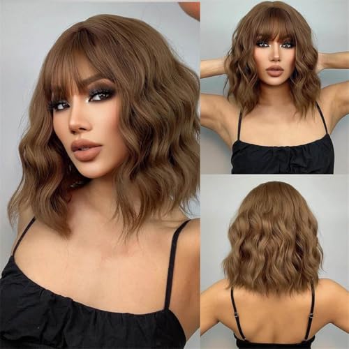 Women's Spring Fall Medium Water Wave Natural Bob With Bangs
