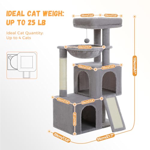 PAWZ Road Large Cat Tree, 41 Inches Multi-Level Cat Tower with 2 Spacious Condos for Indoor Cats, Large Cat House with Comfy Hammock, Padded Perch, Scratching Pad and Replaceable Balls-Gray - Thumbnail 2