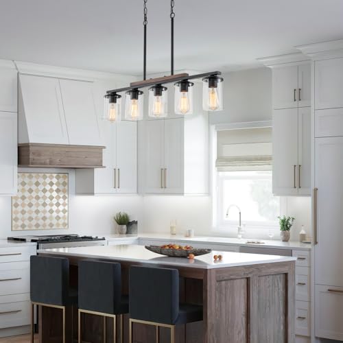 Alynzee ZP041 Dining Room Light Fixture,5-Light Kitchen Island Lighting Farmhouse Chandeliers For Dining Room With Clear Glass Shade Rustic Wood Chandelier Kitchen Pendant Light Fixtures Over Table,Black Metal thumb #4