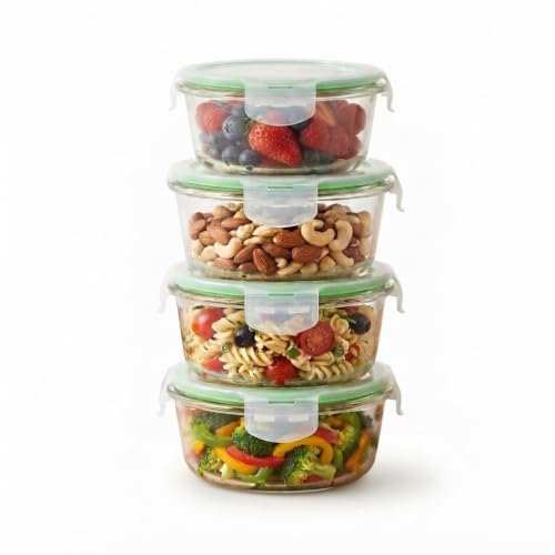 Image of Borosilicate Glass Containers with Air-Vent Lids, Round | 400 ml, Set of 4 | Airtight & Leakproof | Microwave, Freezer & Dishwasher Safe for Kitchen, Fridge and Lunch